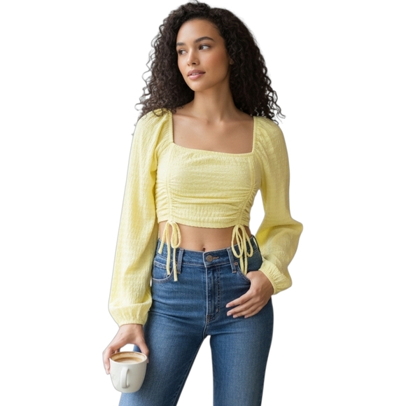 Sophie Rue Top Womens Small Yellow Long Sleeve Cropped Ruched Square Neck Blouse - Picture 1 of 8